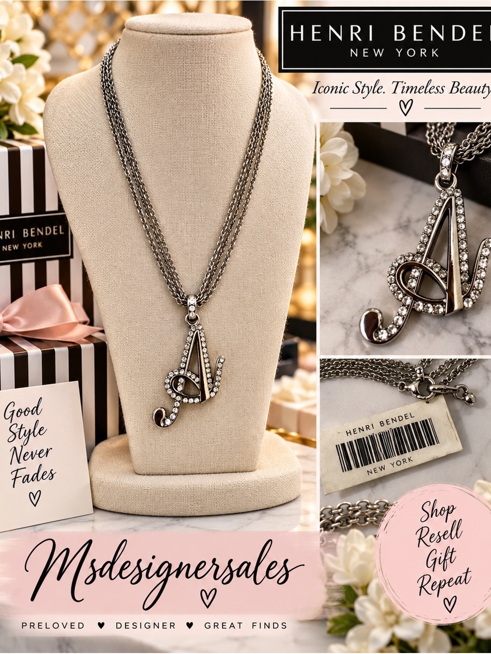 Henri Bendel Silver Crystal 'A' Pendant Necklace - Silver
